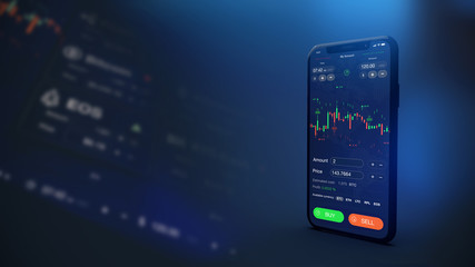 Poster - Futuristic stock exchange scene with mobile phone running concept trading app (3D illustration) 