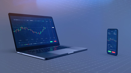 Poster - Futuristic stock exchange scene with mobile phone and laptop running concept trading app (3D illustration) 