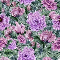  Beautiful floral background with purple viola flowers and leaves. Seamless botanical pattern.  Watercolor painting. Hand painted illustration