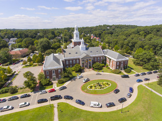 Newton City Hall aerial view in downtown Newton, Massachusetts, USA.