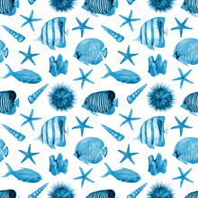 Watercolor Seamless Pattern With Underwater Life Objects - Coral, Tropical Fish, Sea Urchin And Starfish.