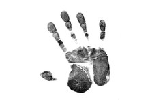 Black Prints Of Hand On Transparent Paper. Black Handprint. Isolated On White.