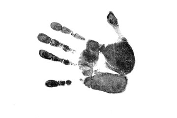 Black prints of hand on transparent paper. Black handprint. Isolated on white.