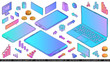© ADELART - Isometric doodles set. Gadget. Computer. Smartphone. Lap top. Mobile. Tablet. Marketing. Infographic. Web. Business. Online shoping. Customer. Modern isometric sketches collection.