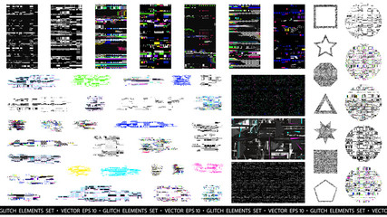 Fototapete - Glitch elements set. Computer screen error templates. Digital pixel noise abstract design. Poster design pixel details. Glitches collection. TV signal fail. Data decay. Technical problem grunge.