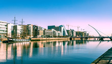 A Lovely Sunny Day In Dublin. Liffey River And Samuel Beckett Bridge.