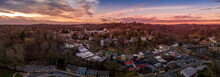Sunset Aerial Panorama Of Historic Old Ellicott City Maryland, USA Typical Civil War Era Small Town With The Oldest Train Station, Rebuilding After Deadly Floods