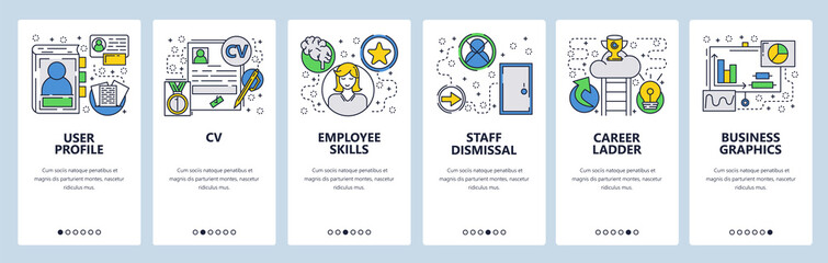 Poster - Web site onboarding screens. CV, Resume and career ladder. Menu vector banner template for website and mobile app development. Modern design linear art flat illustration.