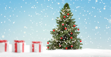 christmas tree fir with baubles next to christmas presents with snowflakes 3d-illustration
