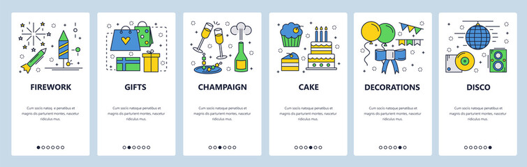 Web site onboarding screens. Birthday celebration party, fireworks, gifts, cake and decorations. Menu vector banner template for website and mobile app development. Modern design linear art flat