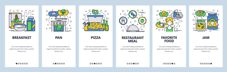 Wall Mural - Web site onboarding screens. Cooking at home, breakfast, restaurant, pizza. Menu vector banner template for website and mobile app development. Modern design linear art flat illustration.
