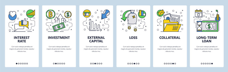 Poster - Web site onboarding screens. Finance, banking, investment, money flow. Menu vector banner template for website and mobile app development. Modern design linear art flat illustration.
