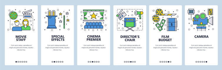 Web site onboarding screens. Cinema and movie industry icons. Menu vector banner template for website and mobile app development. Modern design linear art flat illustration.