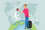 Fototapeta Miasto - Man traveler travels on planet earth on a plane. A man with a tourist's suitcase and passport is standing against the backdrop of the planet Earth. Vector illustration, vector.