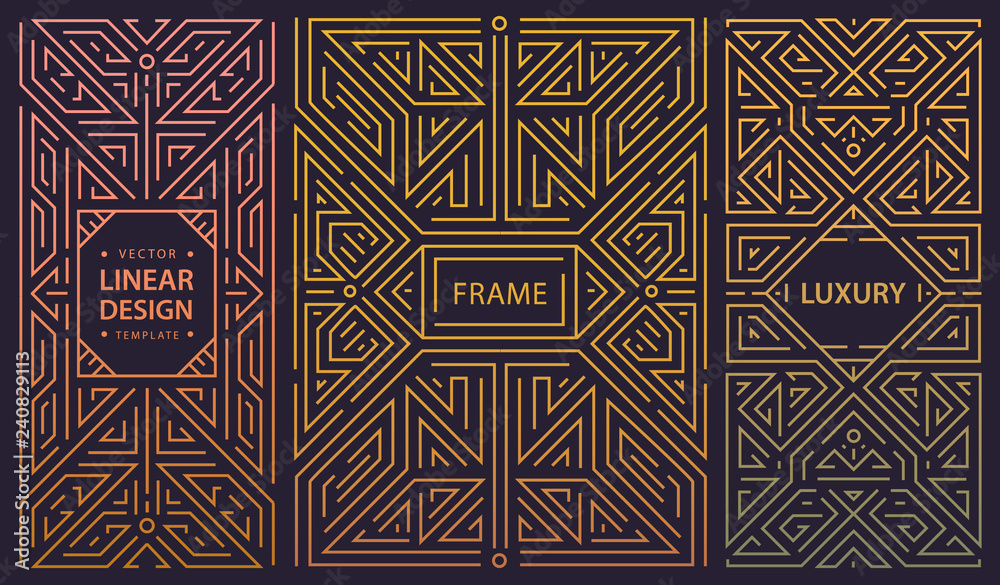Vector set of abstract art deco frames. Linear modern style, monogram geometric banners, luxury packaging design, poster, inviation, cover - obrazy, fototapety, plakaty 
