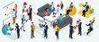 © elizaliv - Isometric people, entrepreneurs present a new startup project business plan, development of investment search. New projects isolated on a light background