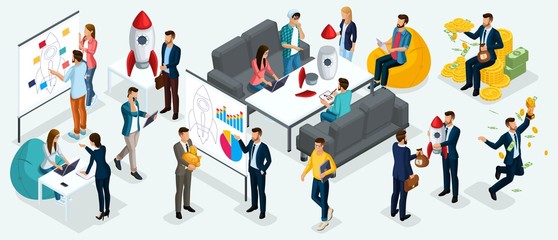 Poster - Isometric people, entrepreneurs present a new startup project business plan, development of investment search. New projects isolated on a light background