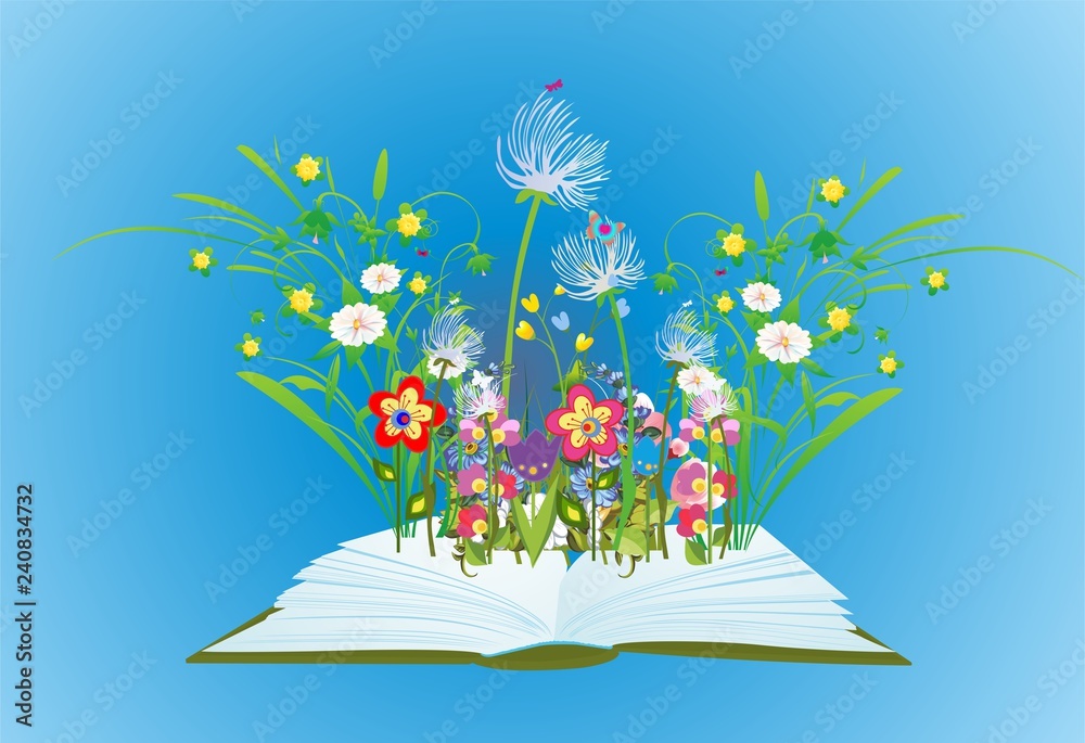  kompozycja z otwartą książką z której wyrastają kwiaty i trawa  - obrazy, fototapety, plakaty 