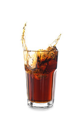 Glass of tasty soda with splash on white background