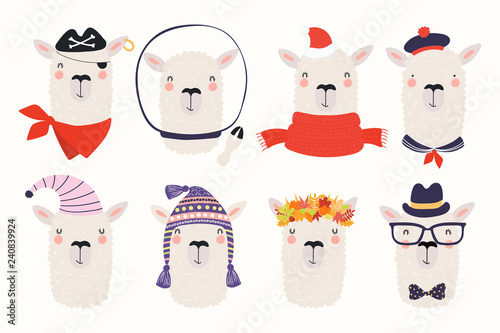 Big set of cute funny different llamas in hats and glasses. Isolated objects ...