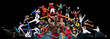 © master1305 - Sport collage about kickboxing, football, basketball, ice hockey, badminton, volleyball, snowboard, aikido, karate tennis, rugby, gymnastics on black background
