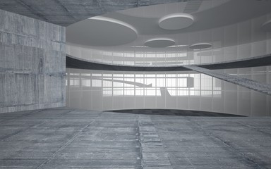  Abstract white and concrete interior multilevel public space with window. 3D illustration and rendering.