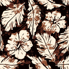 Wall Mural - Grunge hibiscus flowers and tropical leaves vector abstract seamless pattern 