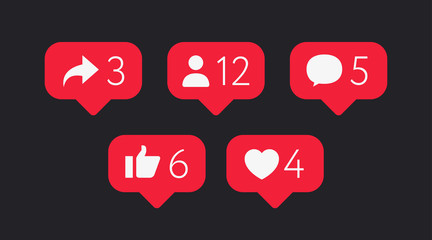 Social Networks Rating Symbols. Like, Thumb Up, Heart, Follower, Repost, Comment. Flat Vector Icons Bubbles.