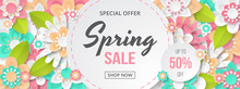 Spring Sale Banner With Beautiful Colorful Flower. Can Be Used For Template, Banners, Wallpaper, Flyers, Invitation, Posters, Brochure, Voucher Discount. Vector Illustration