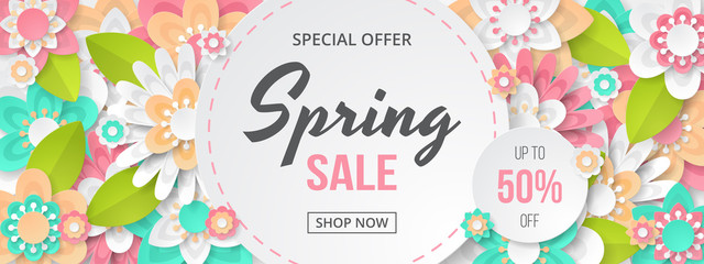 Poster - Spring sale banner with beautiful colorful flower. Can be used for template, banners, wallpaper, flyers, invitation, posters, brochure, voucher discount. Vector illustration