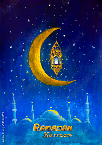 Fotografie, Obraz Acrylic oil painting Ramadan kareem background, illustration with arabic lantern