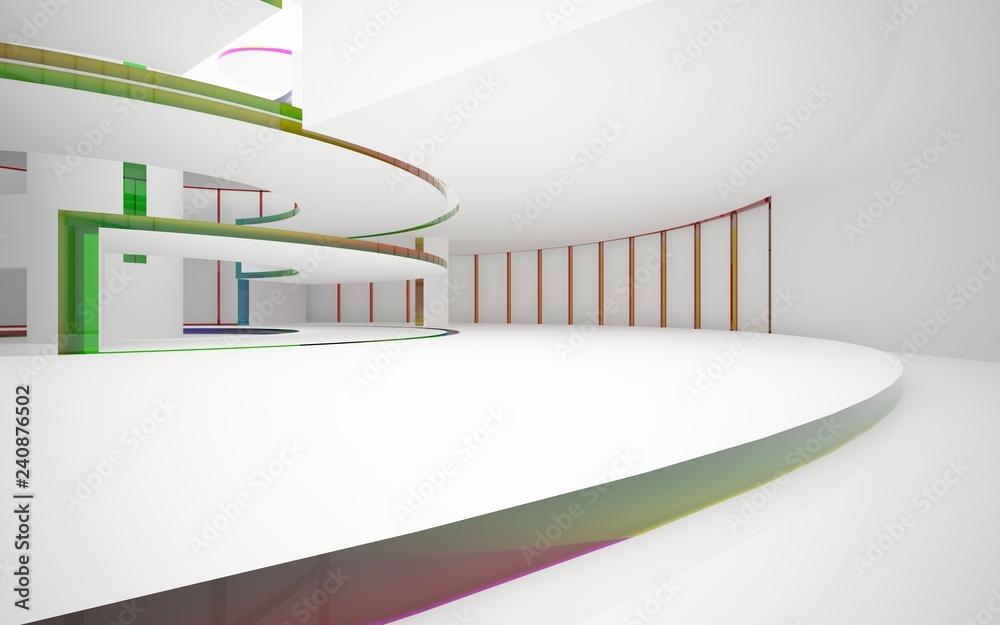 Abstract white and colored gradient glasses interior multilevel public space with window. 3D illustration and rendering. - obrazy, fototapety, plakaty 