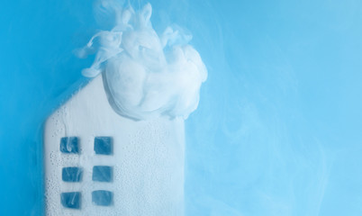  house blue water color acrylic paint white inside small tiny petite ceramic blue smoke could frost frozen