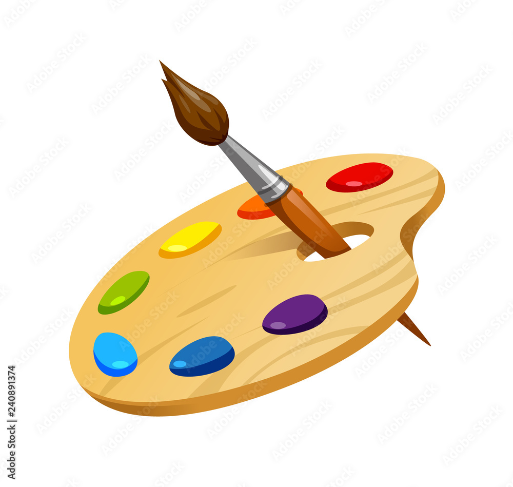 vector illustration of wooden artist palette with brush and paint - obrazy, fototapety, plakaty 