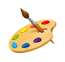 Vector Illustration Of Wooden Artist Palette With Brush And Paint