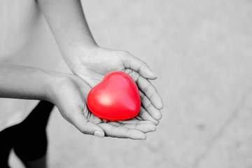 close up of a red heart on a woman hand. it shows a love that is full of happiness. combination of l