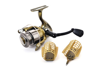 fishing reel, fishing feeders white background close-up