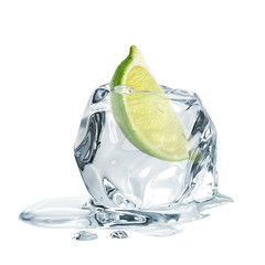 Poster -  Ice cubes with lime / ice cubes, lime isolated on white background