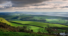 Panoramic View Of Portand And Chesil Beach From The Hill Tops Near Abbotsbury In Dorset, UK