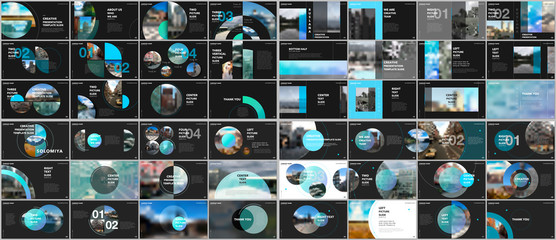 Wall Mural - Minimal presentations design, portfolio vector templates with circle elements on black or white. Multipurpose template for presentation slide, flyer leaflet, brochure cover, report, advertising.