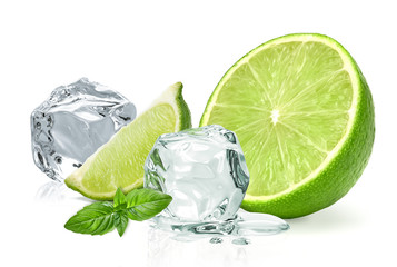 Ice cubes with lime / ice cubes, lime and basil leaves isolated on white background