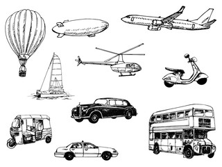 Wall Mural - Set of hand drawn sketch style different types of transport isolated on white background. Vector illustration.