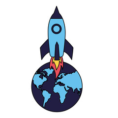 Sticker - rocket launching world on white background