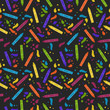 Crayons Seamless Pattern - Colorful crayons and paint splashes on black chalkboard background for back to school