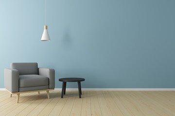 Poster - minimal concept. interior of living grey fabric armchair, ceiling lamp and black table on wooden flo