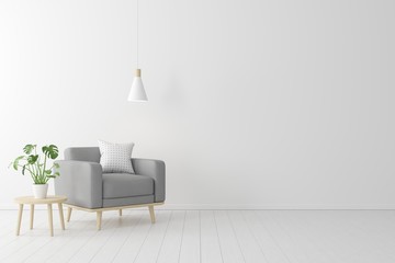 Fototapete - Minimal concept. interior of living grey fabric armchair, wooden table on wooden floor and white wall.