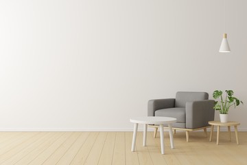 Poster - minimal concept. interior of living grey fabric armchair, wooden table on wooden floor and white wal
