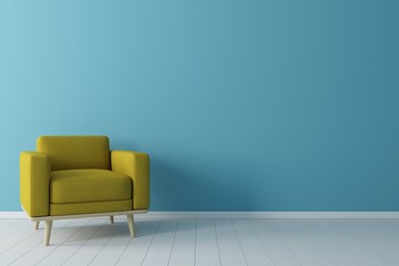 Poster - minimal concept. interior of living yellow fabric armchair, on wooden floor and blue wall.