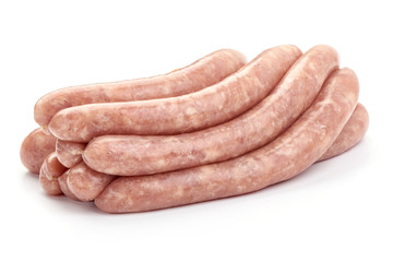 Raw Chicken Sausages, close-up, isolated on white background