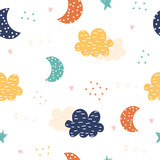 Cute seamless pattern with night sky. Kids bedtime print. Vector hand drawn illustration.